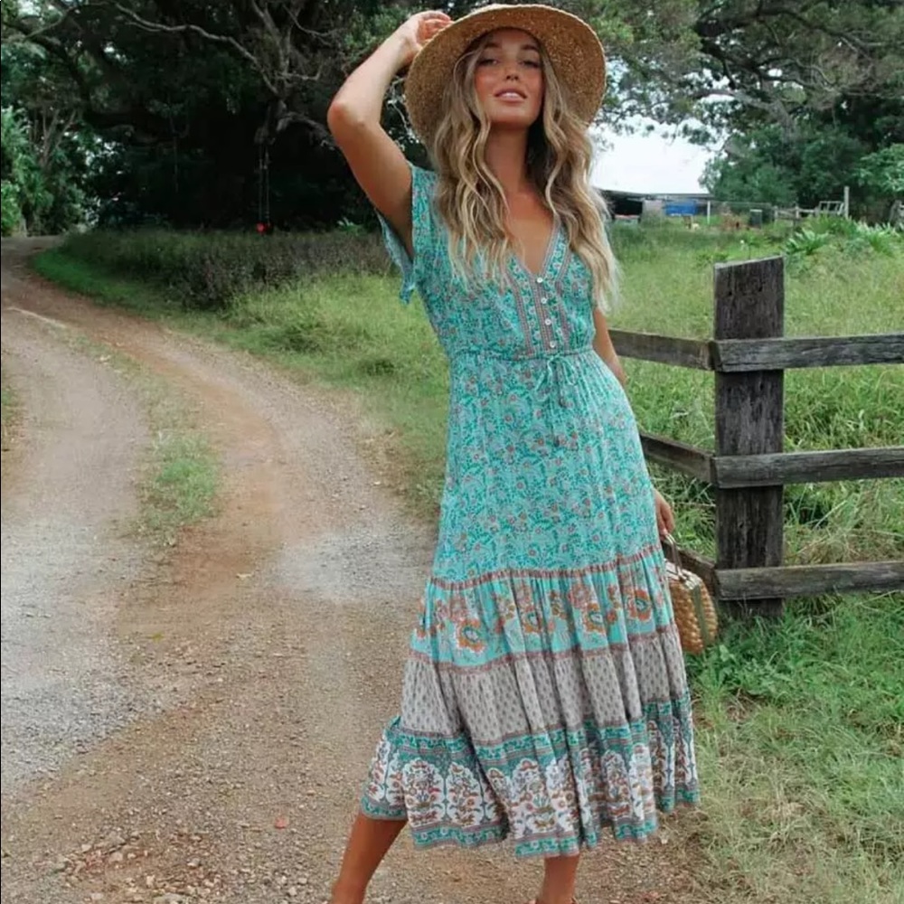 Boho Floral Gypsy Stripe Print Maxi Dress teal - Picture 2 of 16